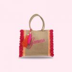 Borsa in juta grande con paillettes arancioni e fiori fucsia